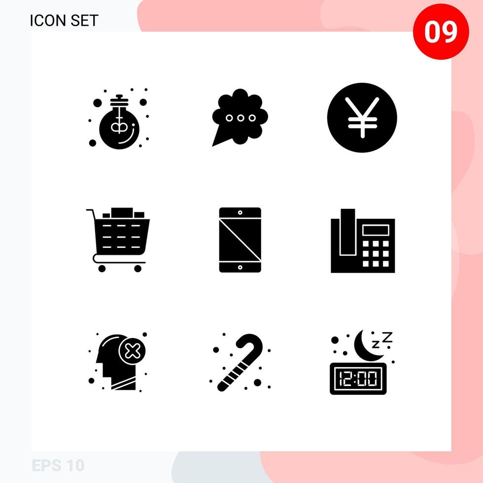 conjunto moderno de 9 pictogramas de glifos sólidos de dispositivos de pc yen permitió el pago de elementos de diseño de vectores editables
