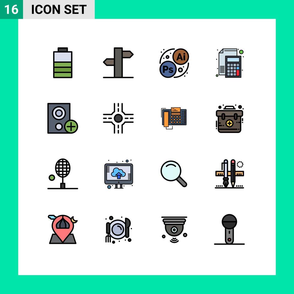 16 Universal Flat Color Filled Lines Set for Web and Mobile Applications gadget computers designing paper file Editable Creative Vector Design Elements