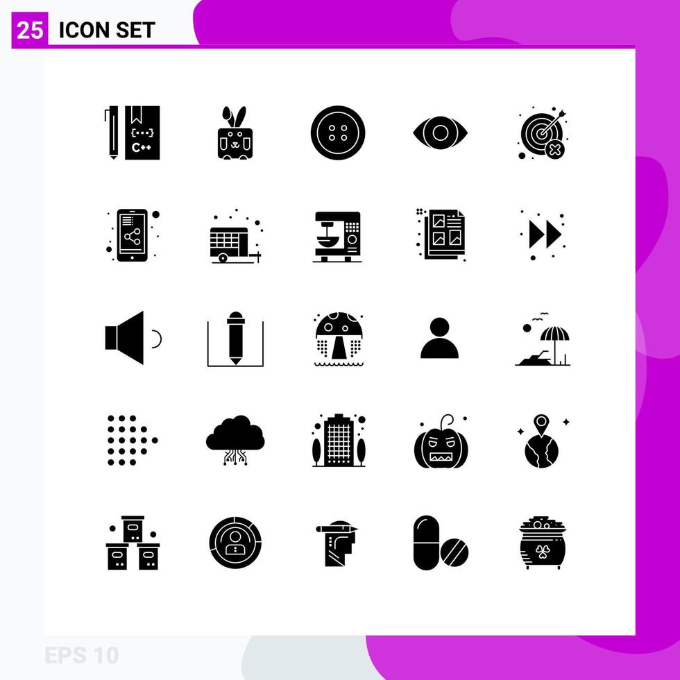 25 Universal Solid Glyph Signs Symbols of target miss holiday fail eye Editable Vector Design Elements
