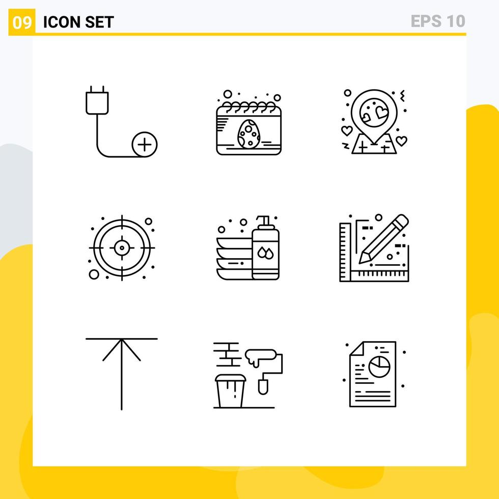 Set of 9 Vector Outlines on Grid for dish bottle egg target business Editable Vector Design Elements