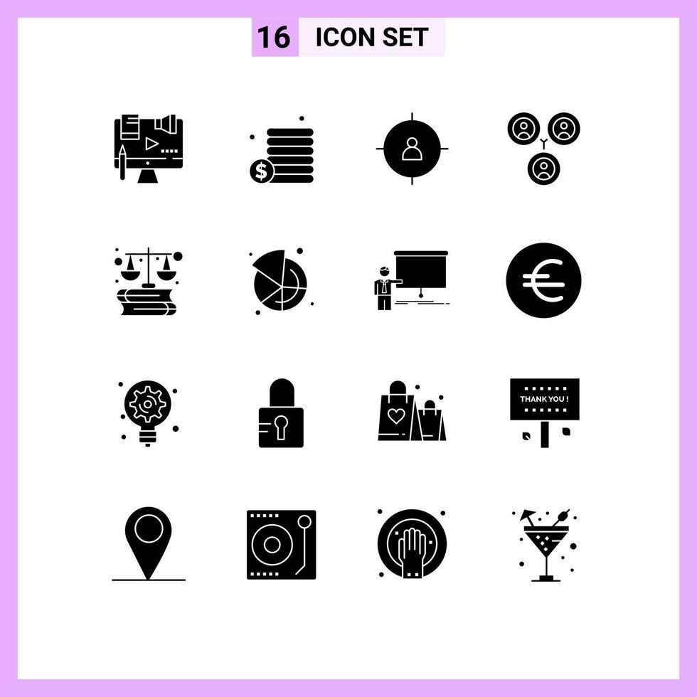 Modern Set of 16 Solid Glyphs Pictograph of laws business business social connections Editable Vector Design Elements