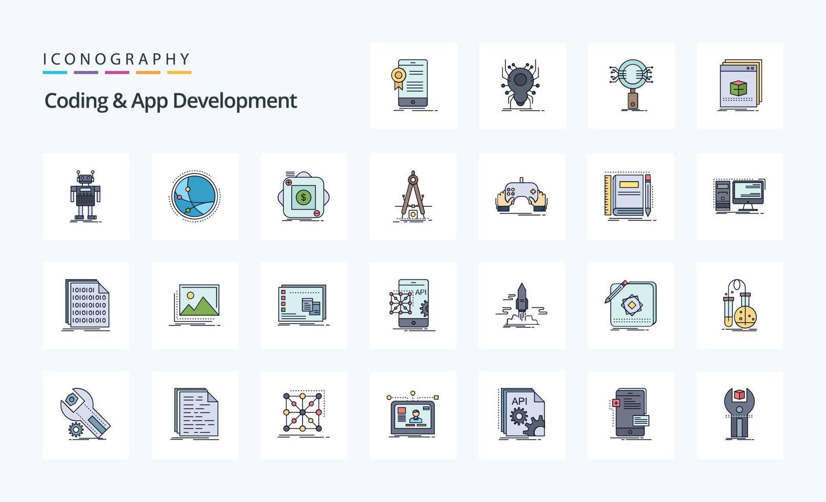 25 Coding And App Development Line Filled Style icon pack vector