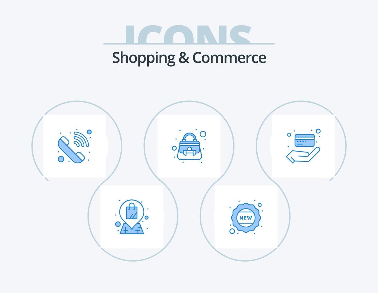 Shopping And Commerce Blue Icon Pack 5 Icon Design. hand. atm. incoming call. shoulder bag. ladies purse vector