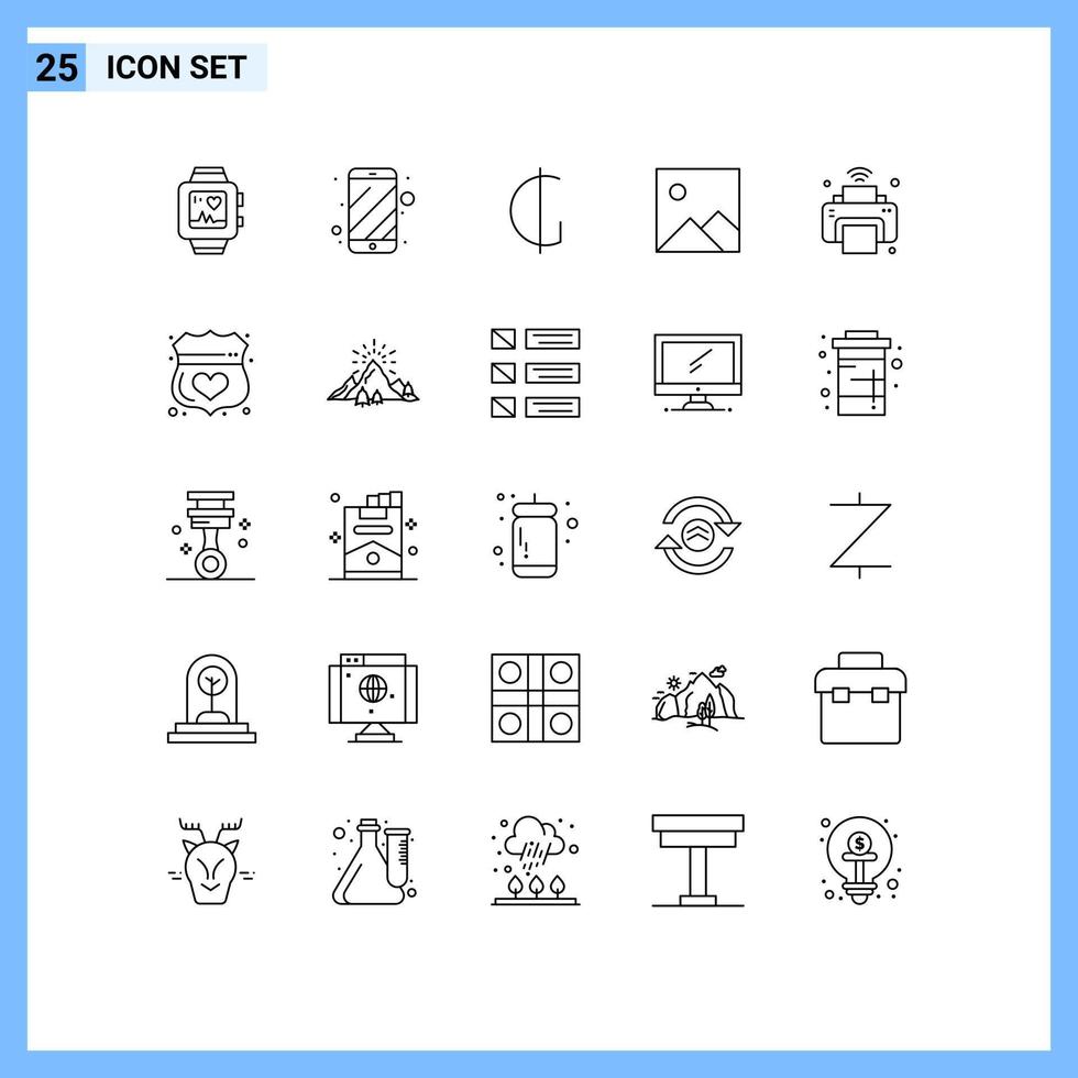 User Interface Pack of 25 Basic Lines of internet of things printer currency picture twitter Editable Vector Design Elements