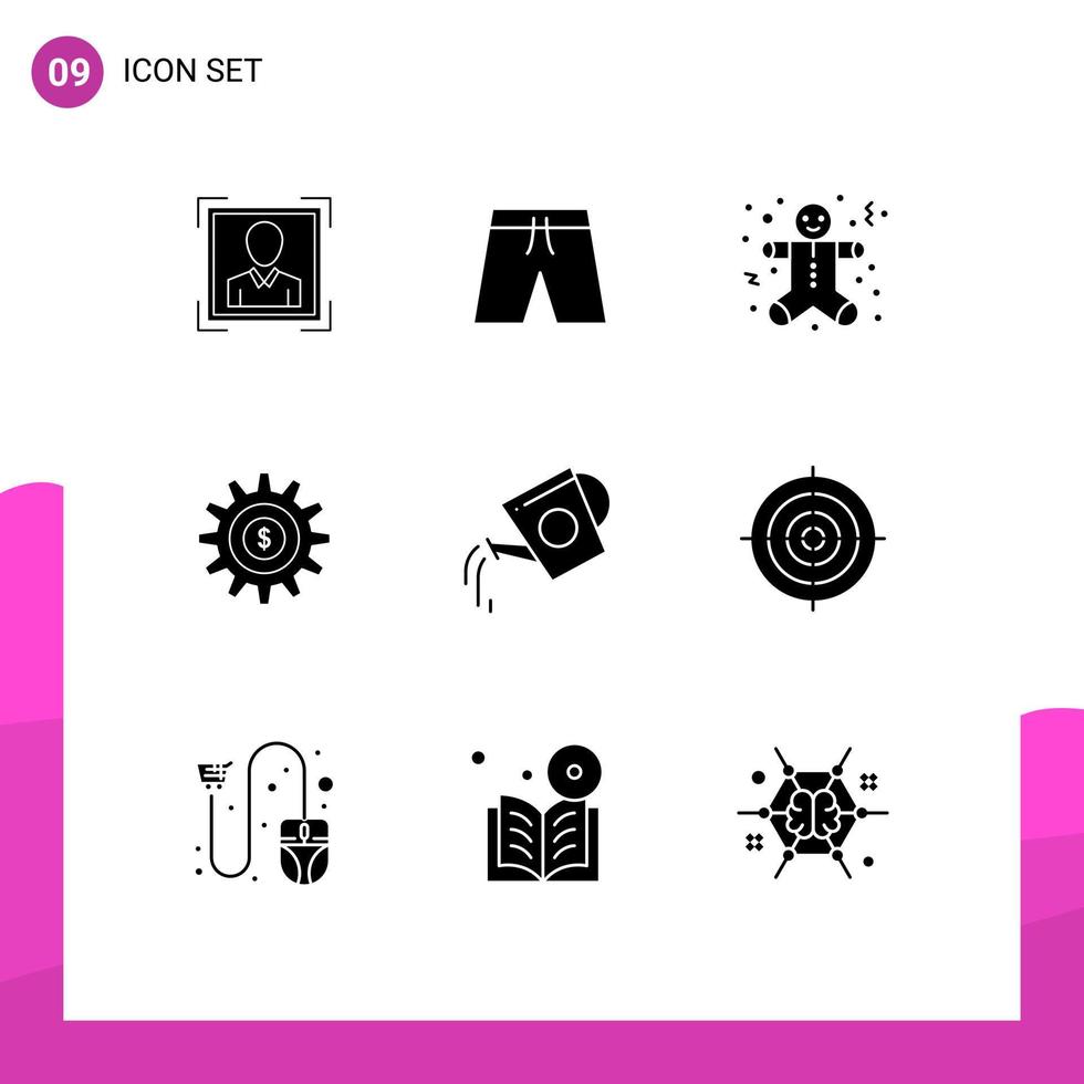 Mobile Interface Solid Glyph Set of 9 Pictograms of beverage success christmas money gear Editable Vector Design Elements