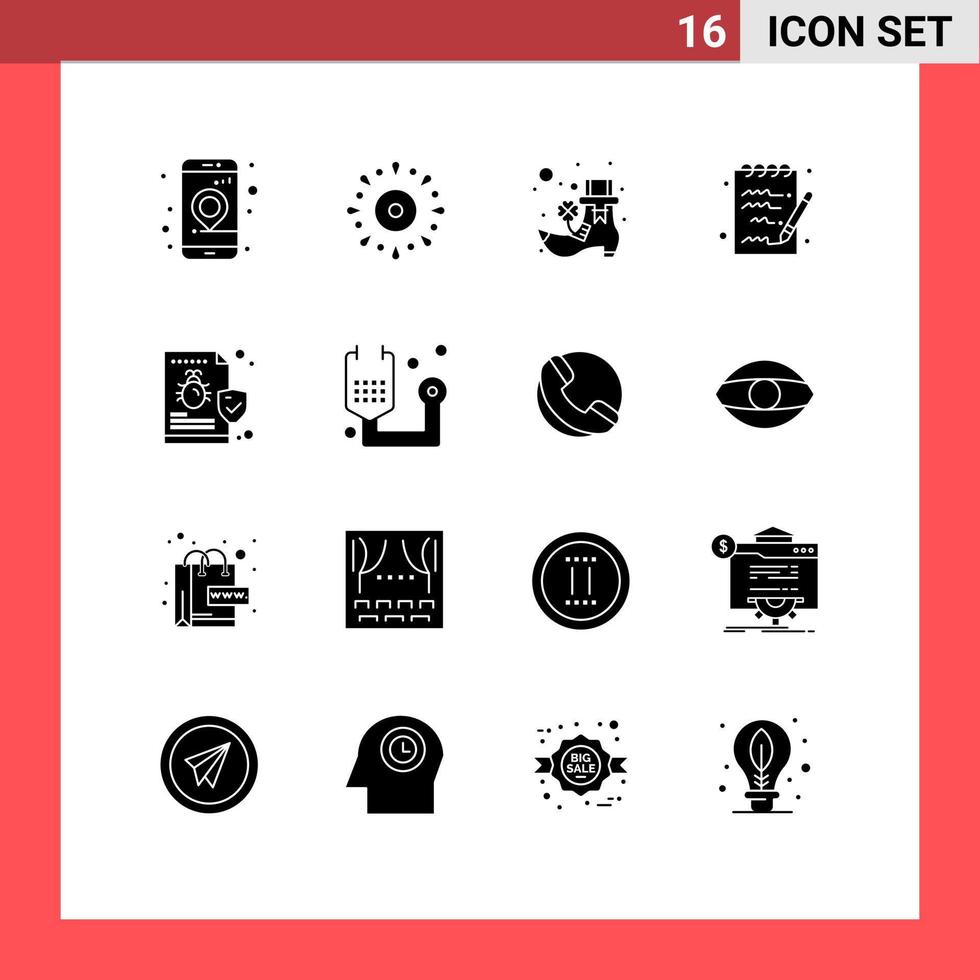16 Thematic Vector Solid Glyphs and Editable Symbols of folder bug party notepad document Editable Vector Design Elements