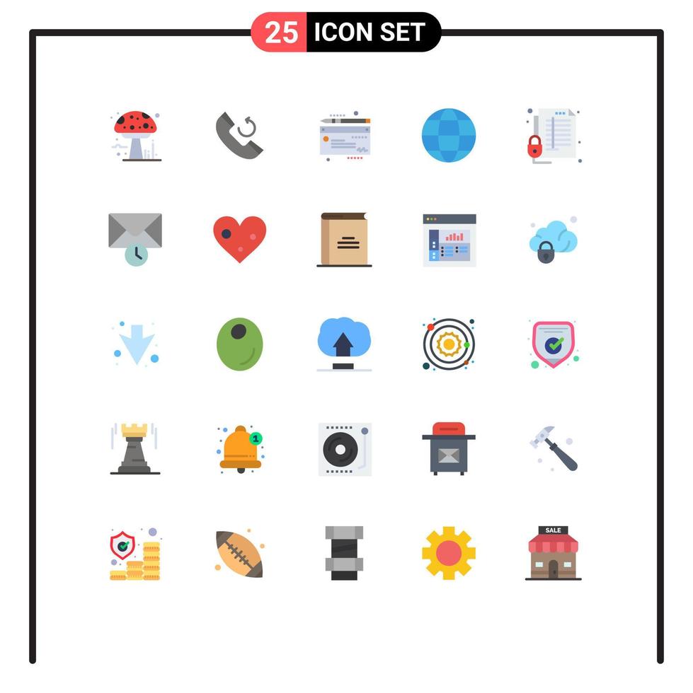 Mobile Interface Flat Color Set of 25 Pictograms of report protect cheaque lock globe Editable Vector Design Elements