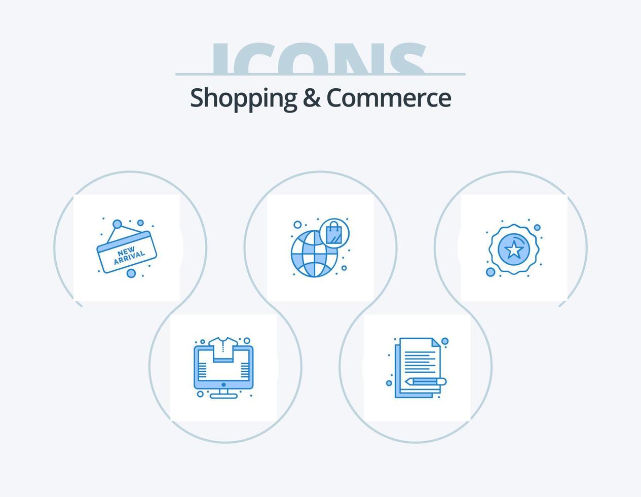 Shopping And Commerce Blue Icon Pack 5 Icon Design. badge. shopping. track list. global. board vector
