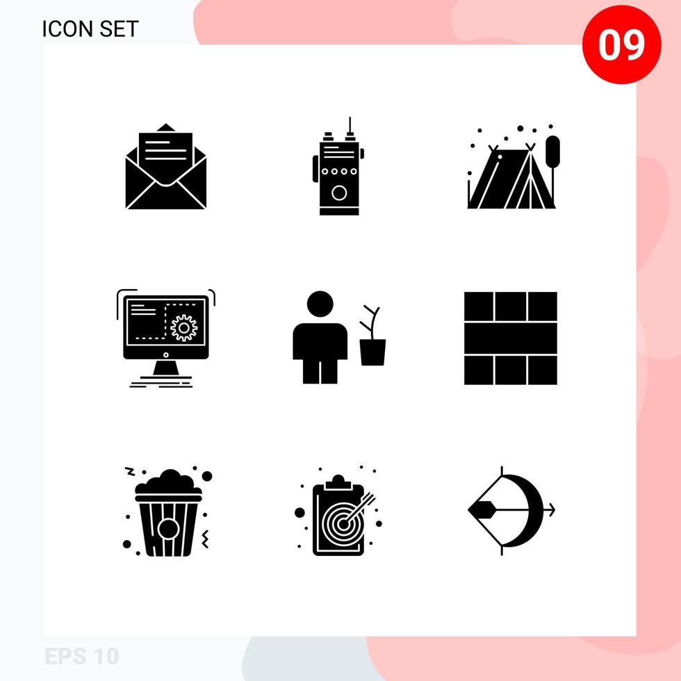 Set of 9 Vector Solid Glyphs on Grid for avatar process camping function command Editable Vector Design Elements