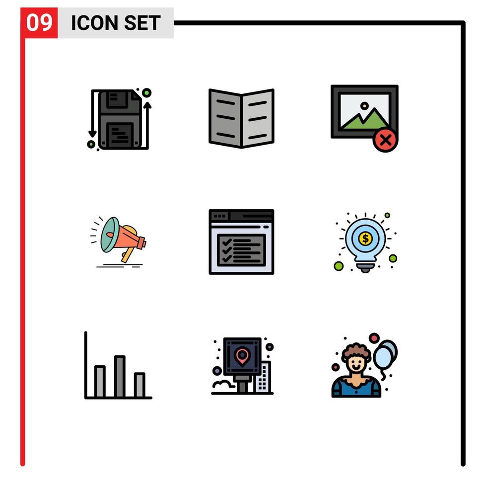 9 símbolos de signos de color plano de línea de relleno universal de imagen de página de sitio web elementos de diseño de vector editables de audio de Internet