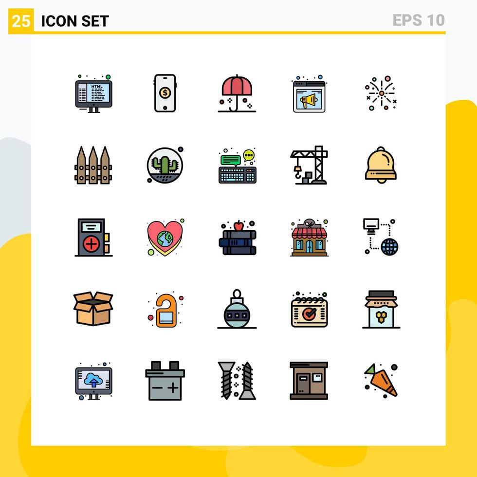 25 Thematic Vector Filled line Flat Colors and Editable Symbols of webpage sound insurance internet sunshade Editable Vector Design Elements
