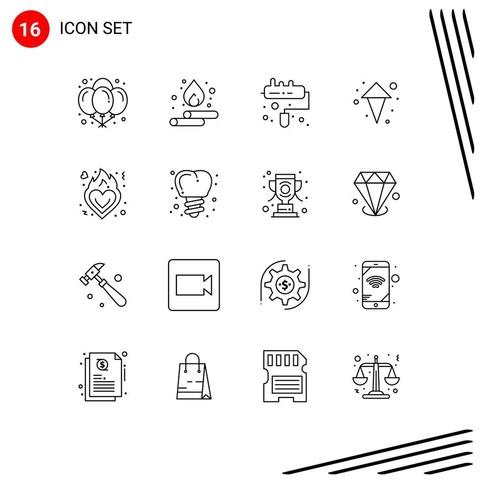 16 User Interface Outline Pack of modern Signs and Symbols of romance love brush fire arrows Editable Vector Design Elements