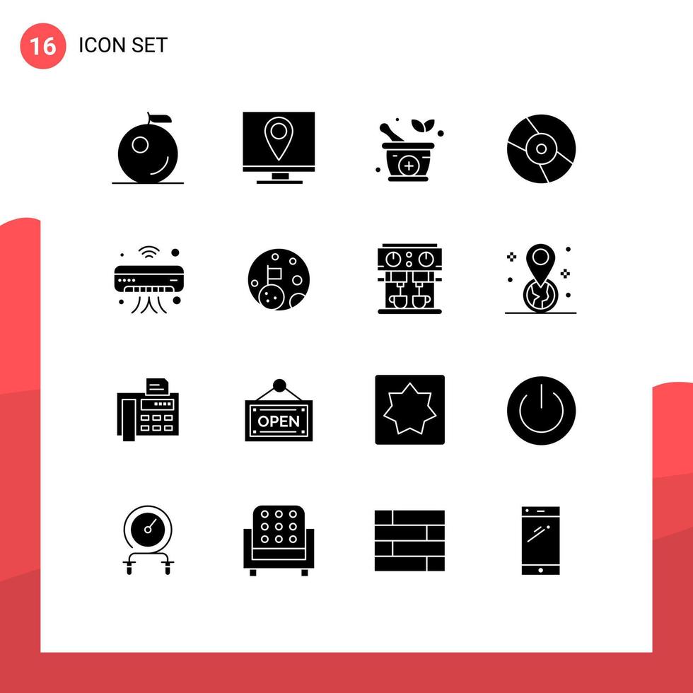 Group of 16 Modern Solid Glyphs Set for iot internet medicine ac disk Editable Vector Design Elements
