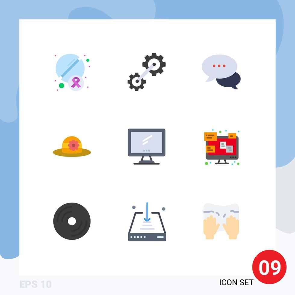 Pack of 9 Modern Flat Colors Signs and Symbols for Web Print Media such as device computer bubble cap beach Editable Vector Design Elements