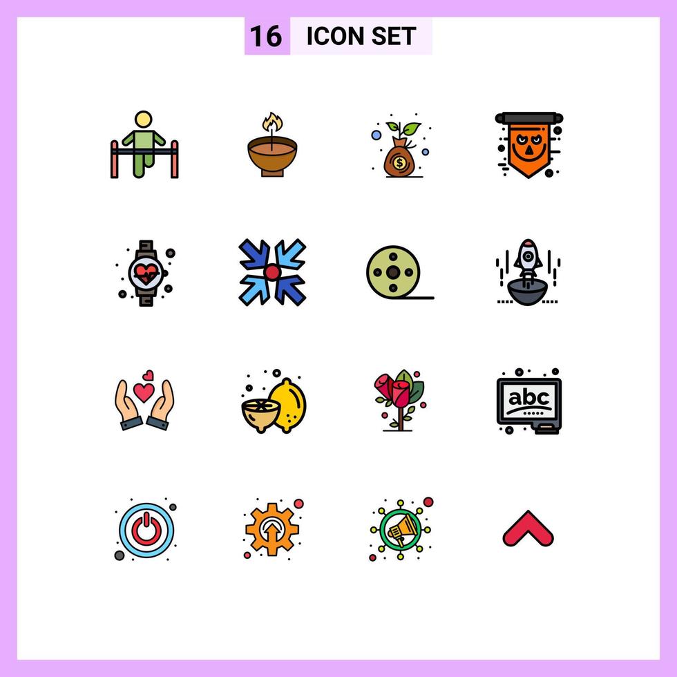 Group of 16 Modern Flat Color Filled Lines Set for halloween money bag diwali investment budget Editable Creative Vector Design Elements