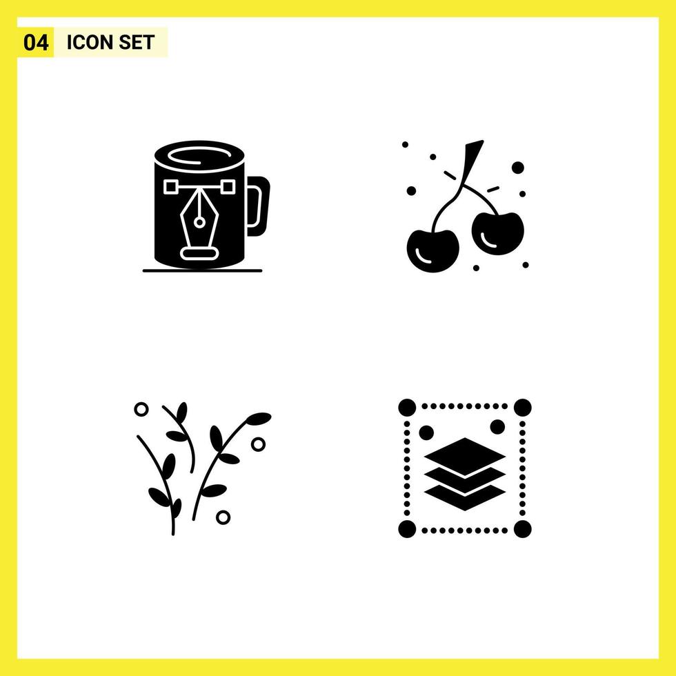 conjunto moderno de 4 pictogramas de glifos sólidos de diseño de naturaleza de café elementos de diseño vectorial editables de primavera de cereza vector