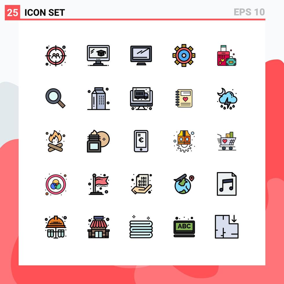 Editable Vector Line Pack of 25 Simple Filled line Flat Colors of heart briefcase monitor setting construction Editable Vector Design Elements
