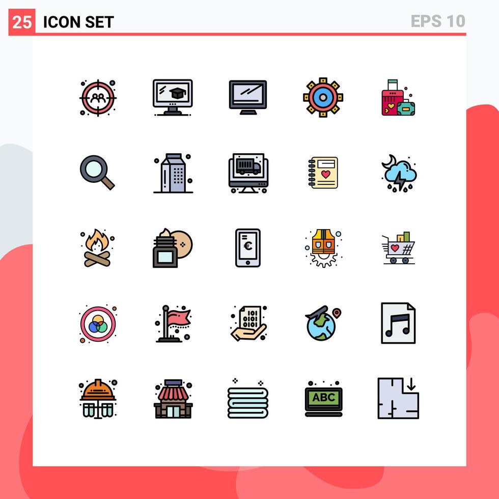 paquete de línea de vector editable de 25 colores planos de línea llena simple de construcción de configuración de monitor de maletín de corazón elementos de diseño de vector editable
