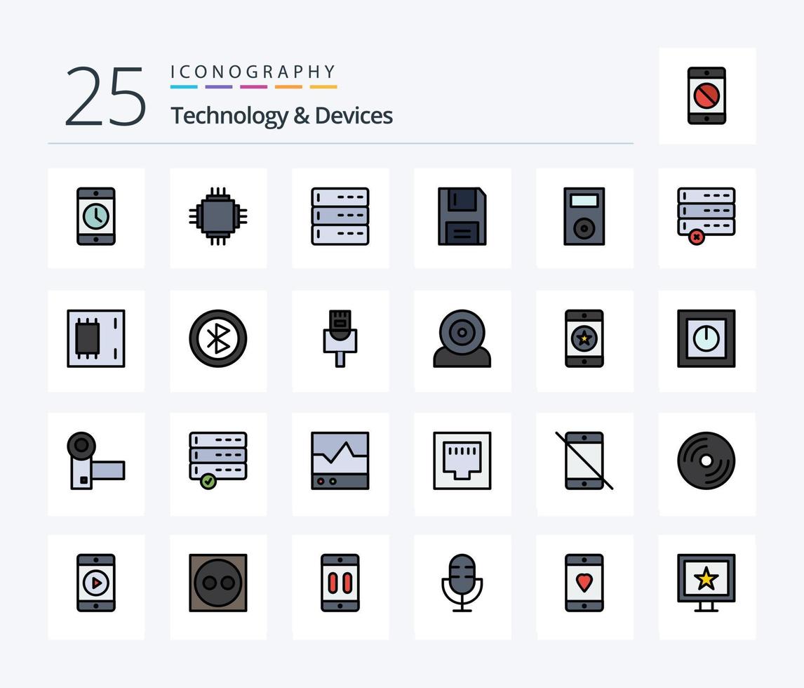 paquete de iconos llenos de 25 líneas de dispositivos que incluye disquete. desct. electrónico. dispositivos. dispositivos vector