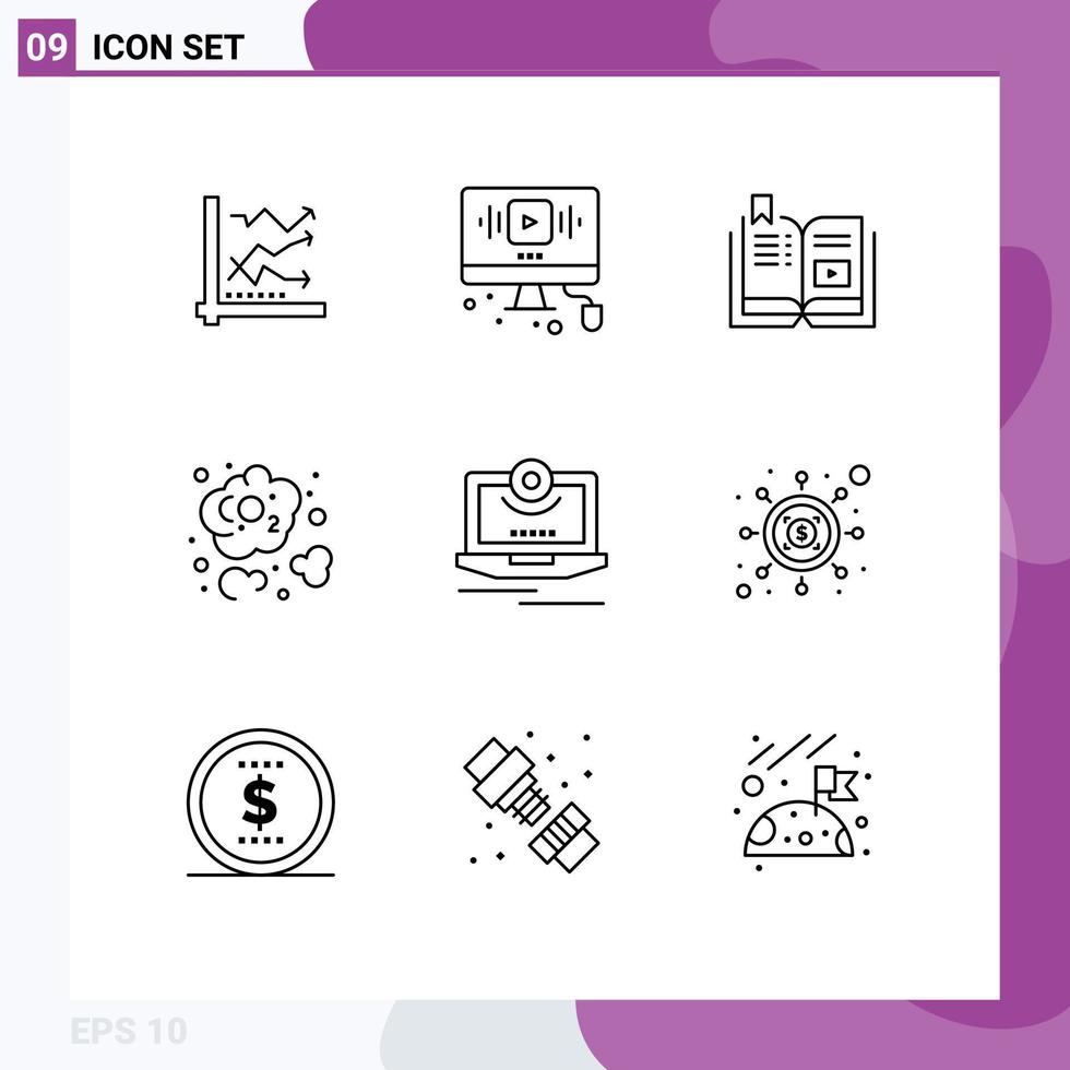 9 Universal Outlines Set for Web and Mobile Applications carbon dioxide multimedia online education video Editable Vector Design Elements