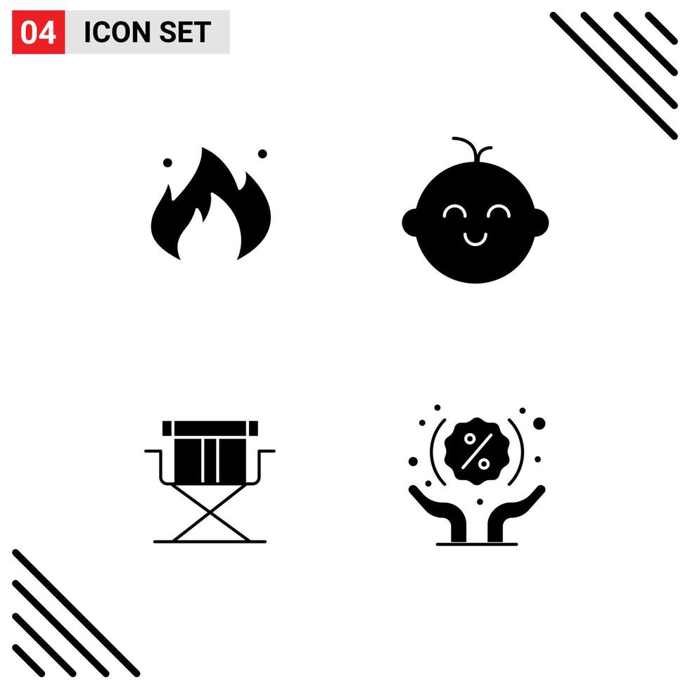 Universal Icon Symbols Group of 4 Modern Solid Glyphs of fire directors construction newborn discount Editable Vector Design Elements