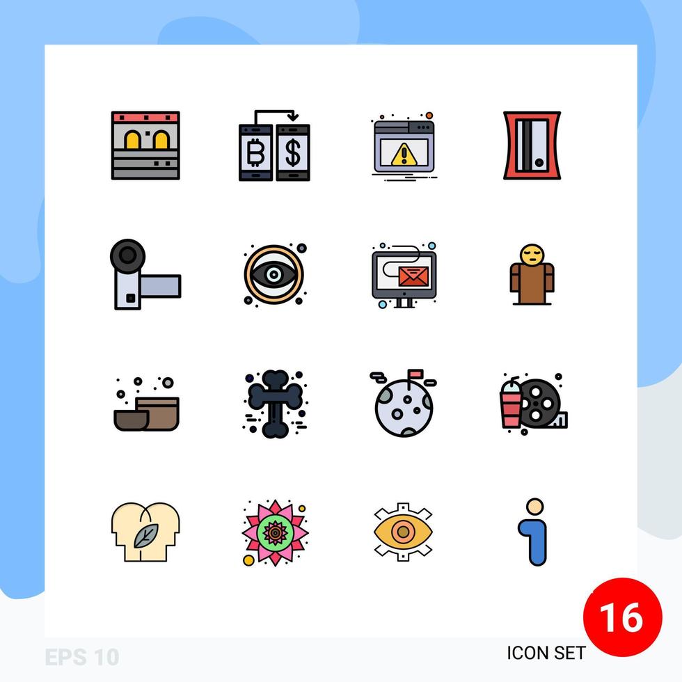 paquete de interfaz de usuario de 16 líneas básicas llenas de color plano de videocámara electrónica herramienta web educación elementos de diseño de vectores creativos editables