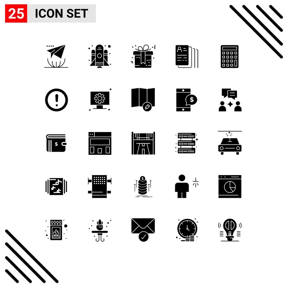 25 User Interface Solid Glyph Pack of modern Signs and Symbols of education calculator gift search find Editable Vector Design Elements