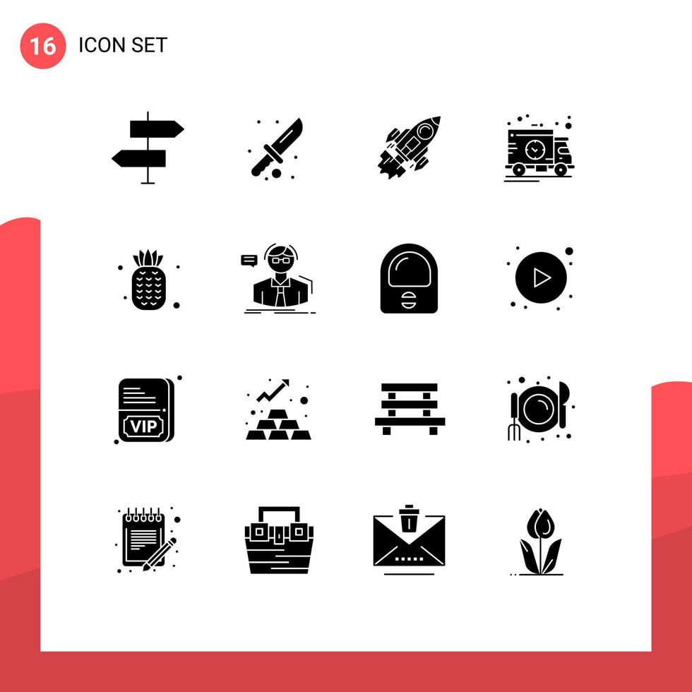 Editable Vector Line Pack of 16 Simple Solid Glyphs of transport delivery tool spaceship launch Editable Vector Design Elements