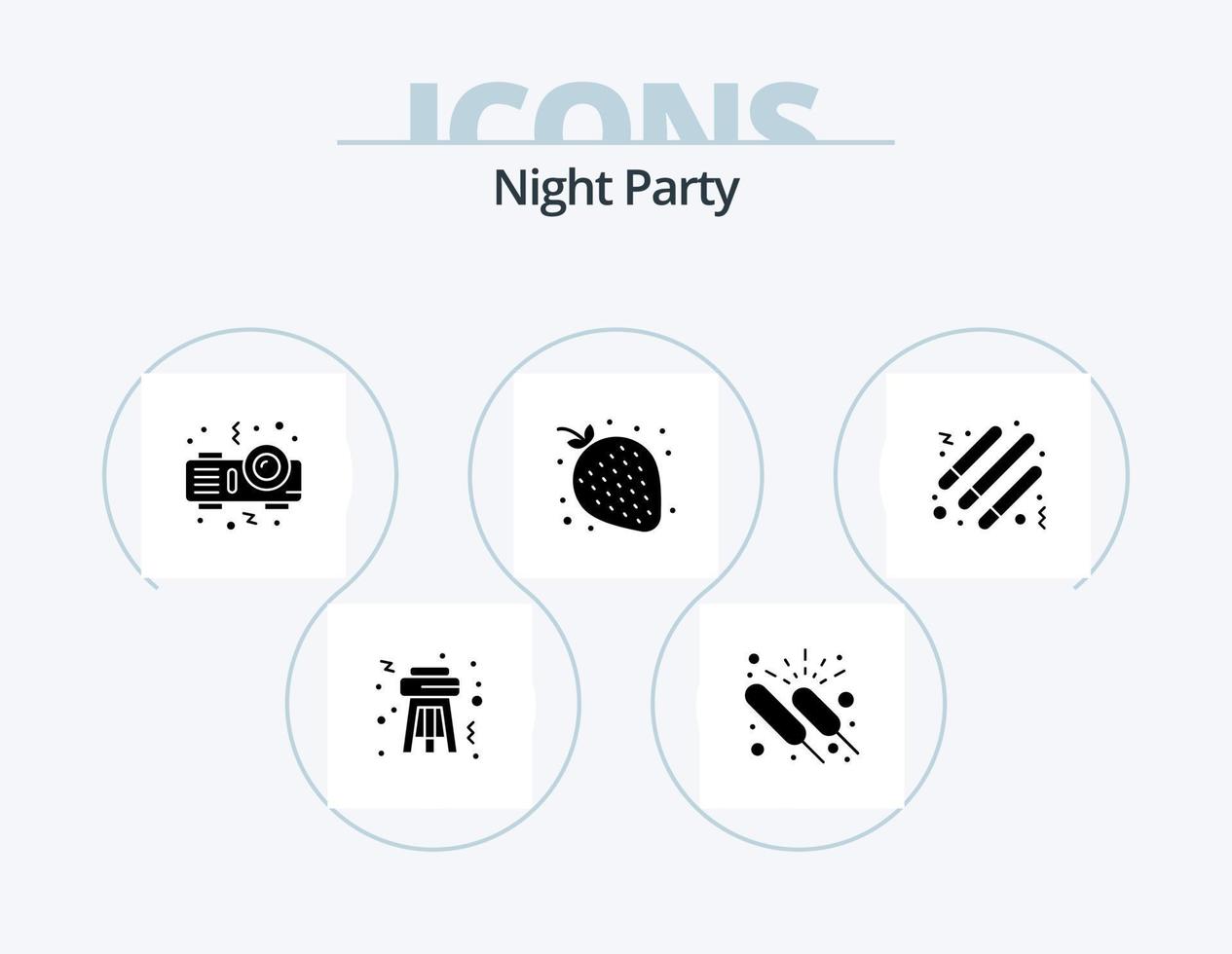 Night Party Glyph Icon Pack 5 Icon Design. party. drum . projector. night. strawberry vector