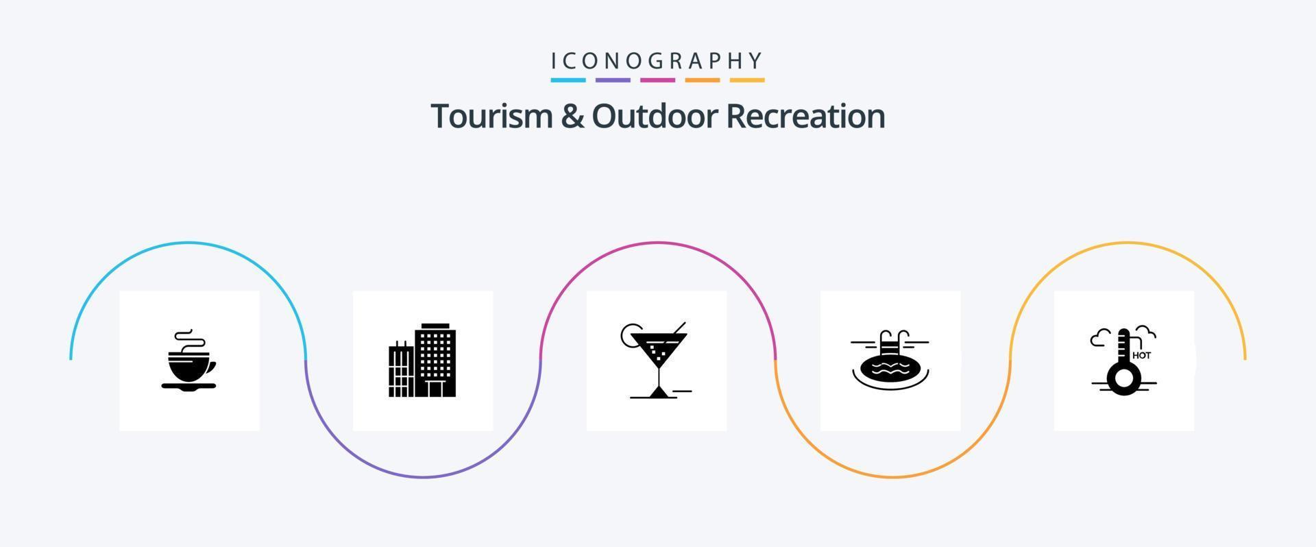 Tourism And Outdoor Recreation Glyph 5 Icon Pack Including hot. serves. glass. hotel. swimming vector