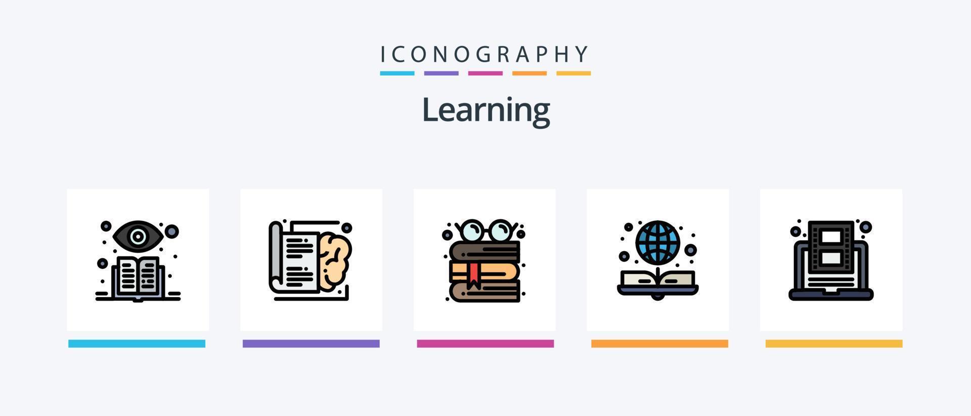 la línea de aprendizaje llenó el paquete de 5 íconos que incluye video. aprendiendo. libro en línea educación. revisión. diseño de iconos creativos vector