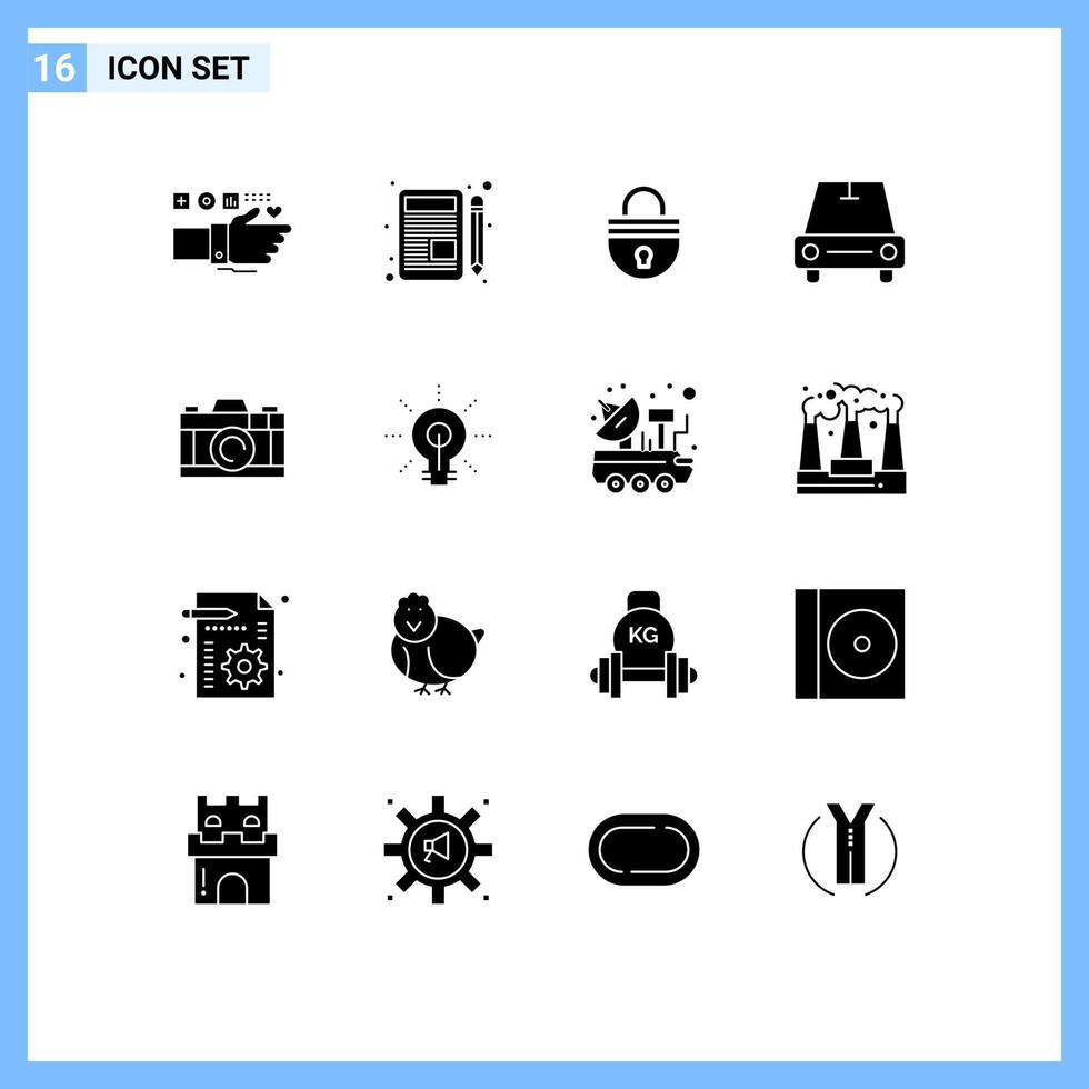 Group of 16 Solid Glyphs Signs and Symbols for camera vehicles chat car security Editable Vector Design Elements