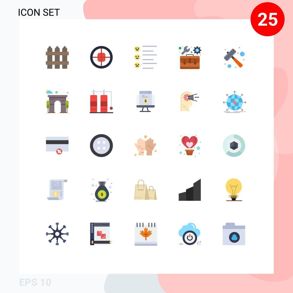 Set of 25 Commercial Flat Colors pack for hammer toolbox target repair emojis Editable Vector Design Elements