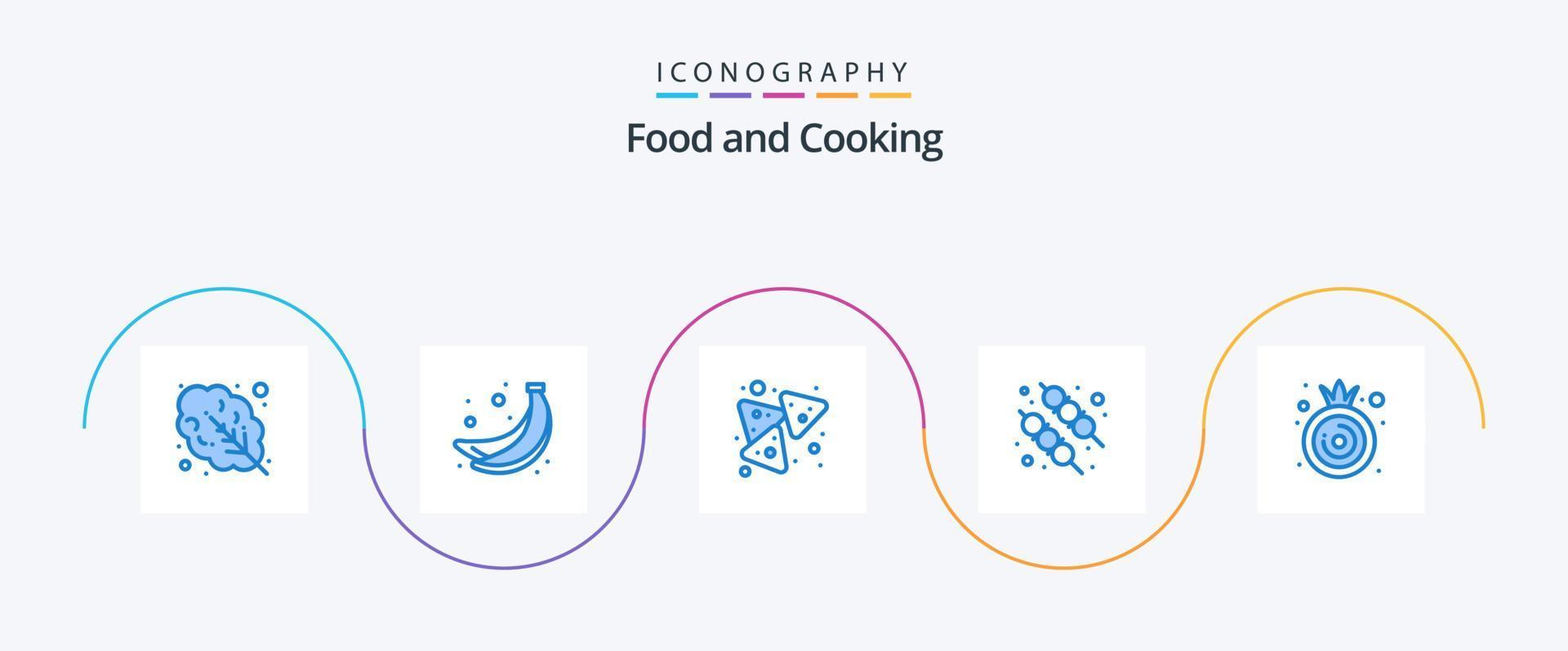 Paquete de 5 iconos de comida azul que incluye. verdura. nachos cebolla. alimento vector