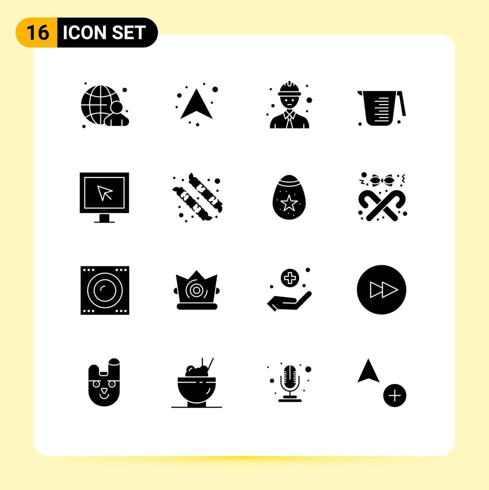 Group of 16 Solid Glyphs Signs and Symbols for smart entertainment line worker measuring cooking Editable Vector Design Elements