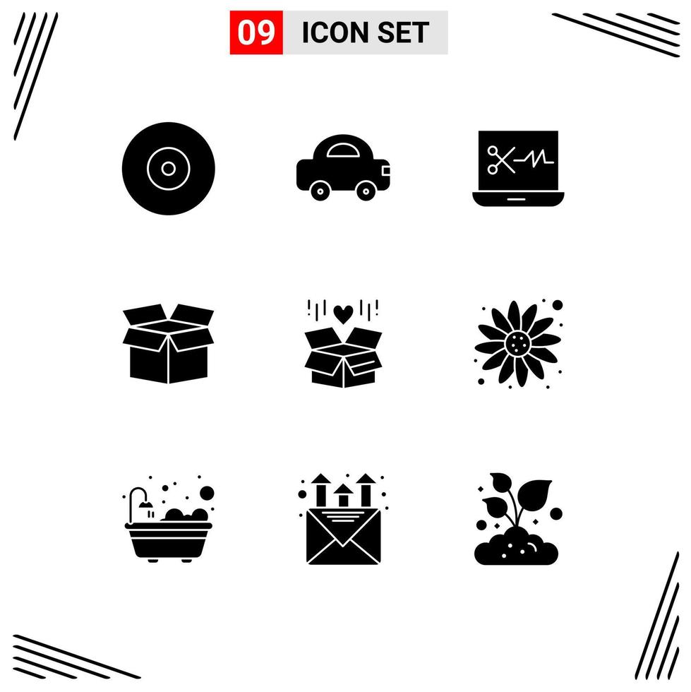 Set of 9 Vector Solid Glyphs on Grid for surprize box audio editing gift cargo Editable Vector Design Elements