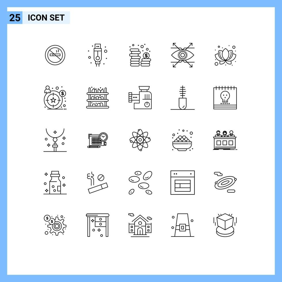 25 Thematic Vector Lines and Editable Symbols of plant lotus coins vision eye Editable Vector Design Elements