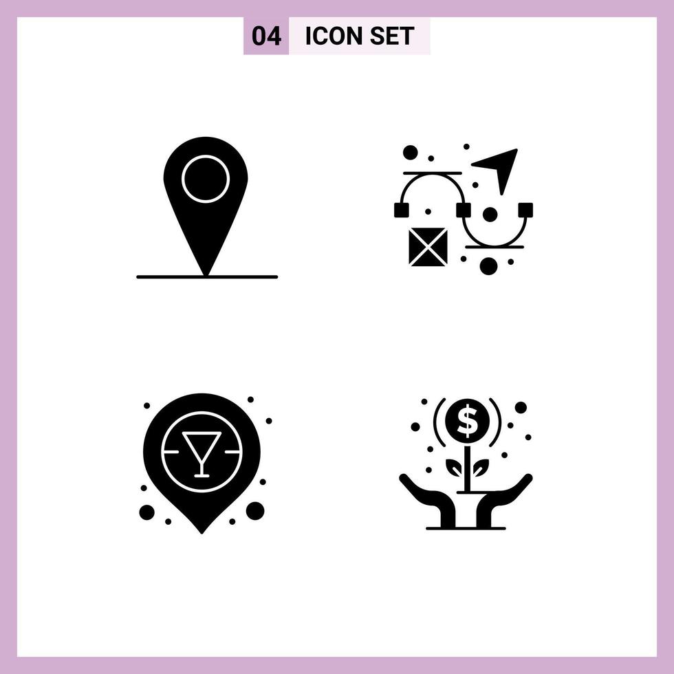 Pack of 4 creative Solid Glyphs of location expand creative champagne bar location growth Editable Vector Design Elements