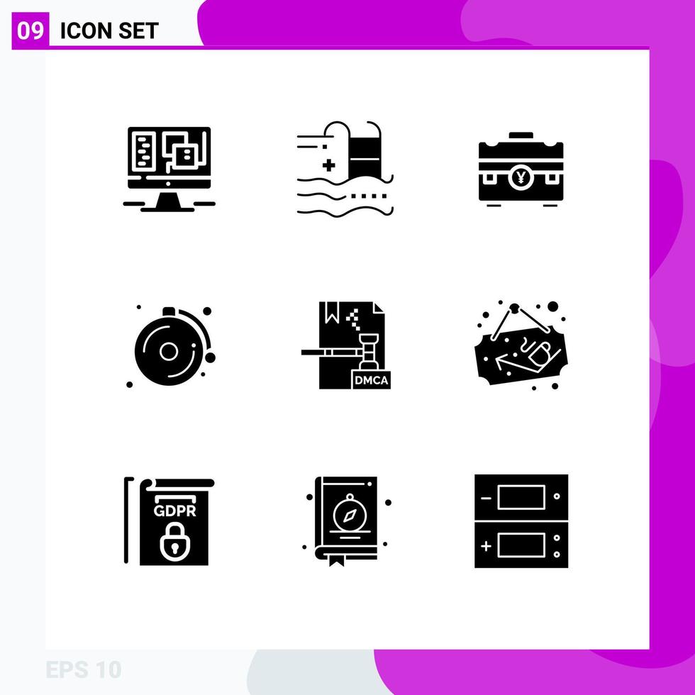Set of 9 Commercial Solid Glyphs pack for business bell water alarm handbag Editable Vector Design Elements