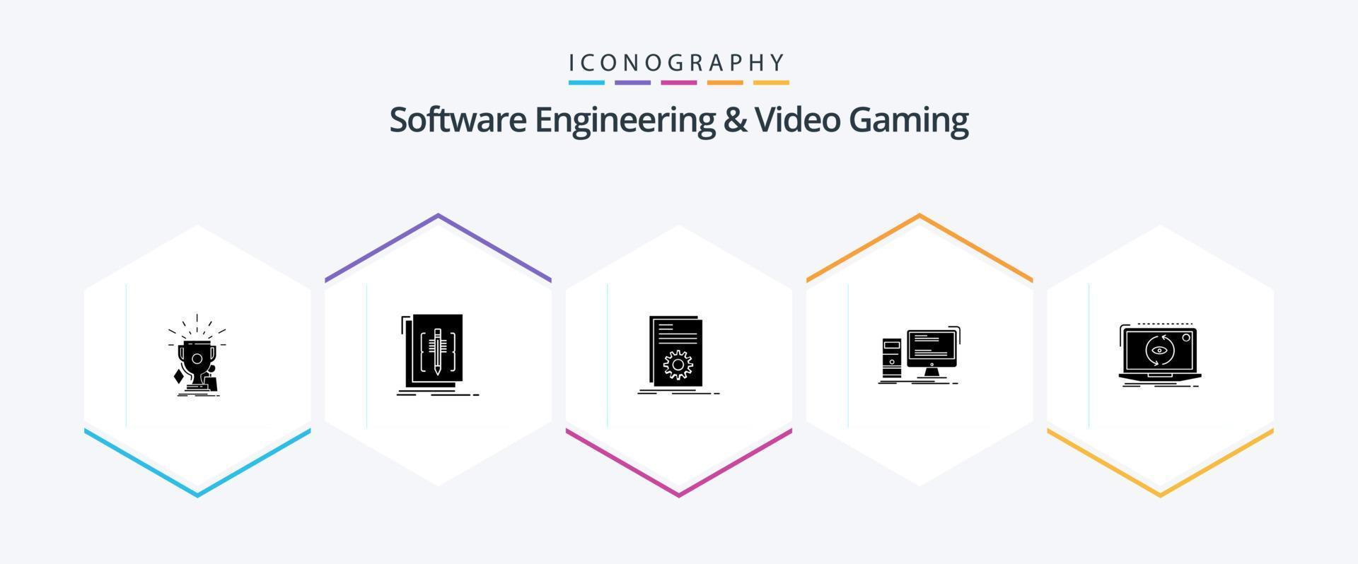 Software Engineering And Video Gaming 25 Glyph icon pack including gaming. computer. language. script. file vector