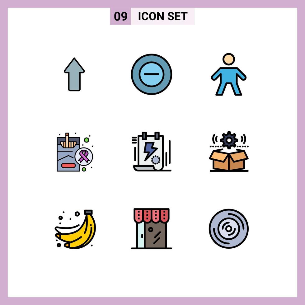 Pack of 9 Modern Filledline Flat Colors Signs and Symbols for Web Print Media such as bolt energy kid document medical Editable Vector Design Elements