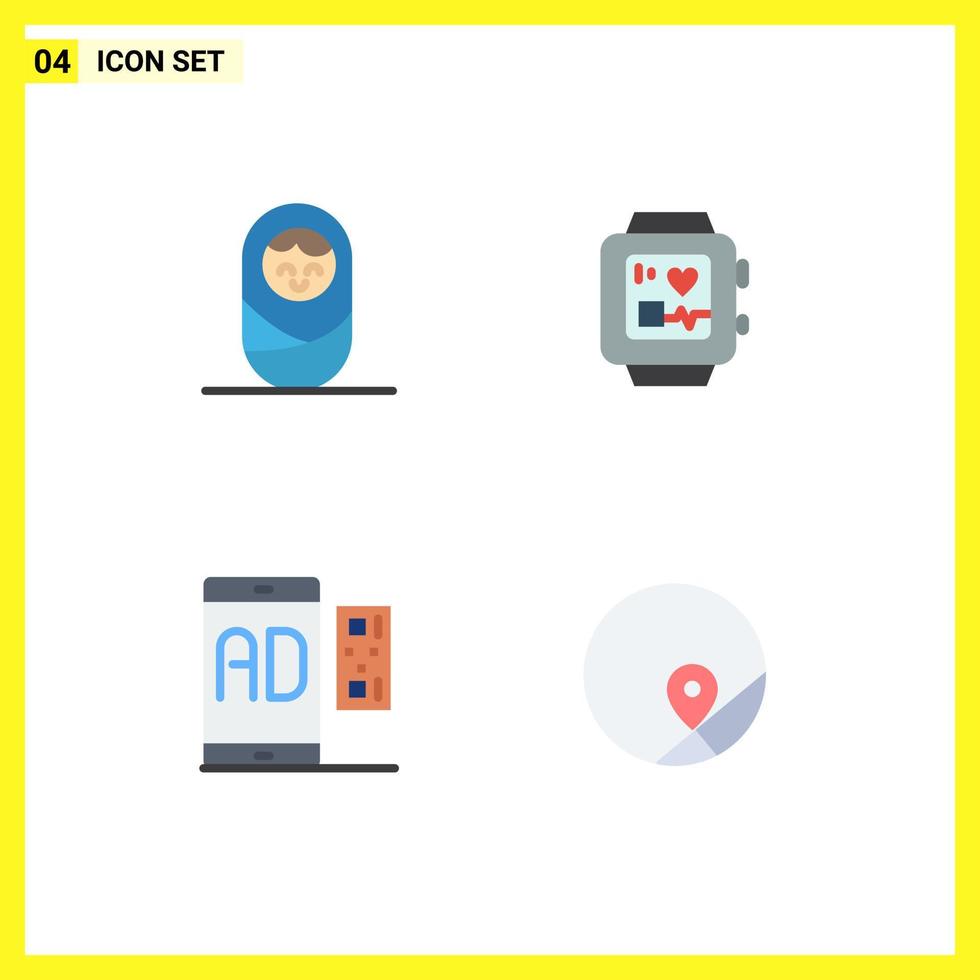 paquete de 4 iconos planos creativos de elementos de diseño de vector editables de mapa de publicidad de reloj de mano móvil para bebé