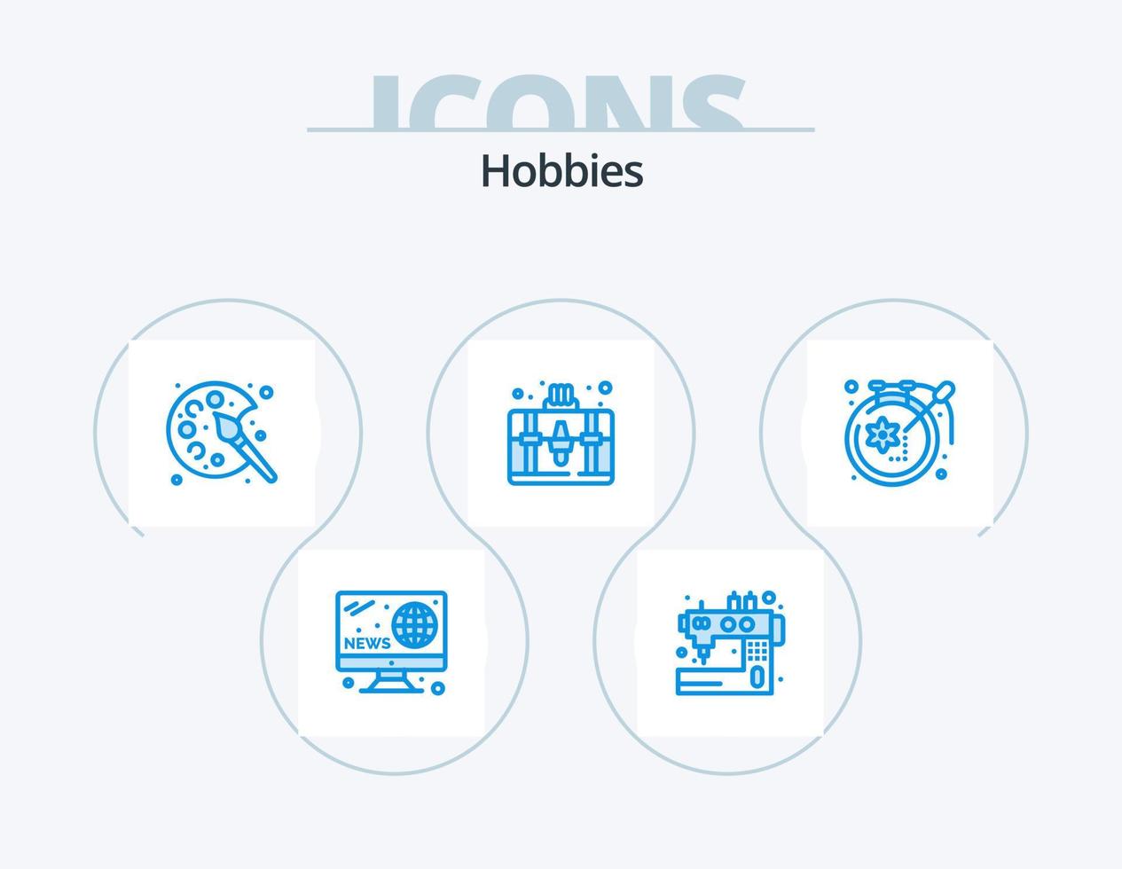 hobbies blue icon pack 5 diseño de iconos. arte. aficiones. sastrería. bolsa. pasatiempo vector