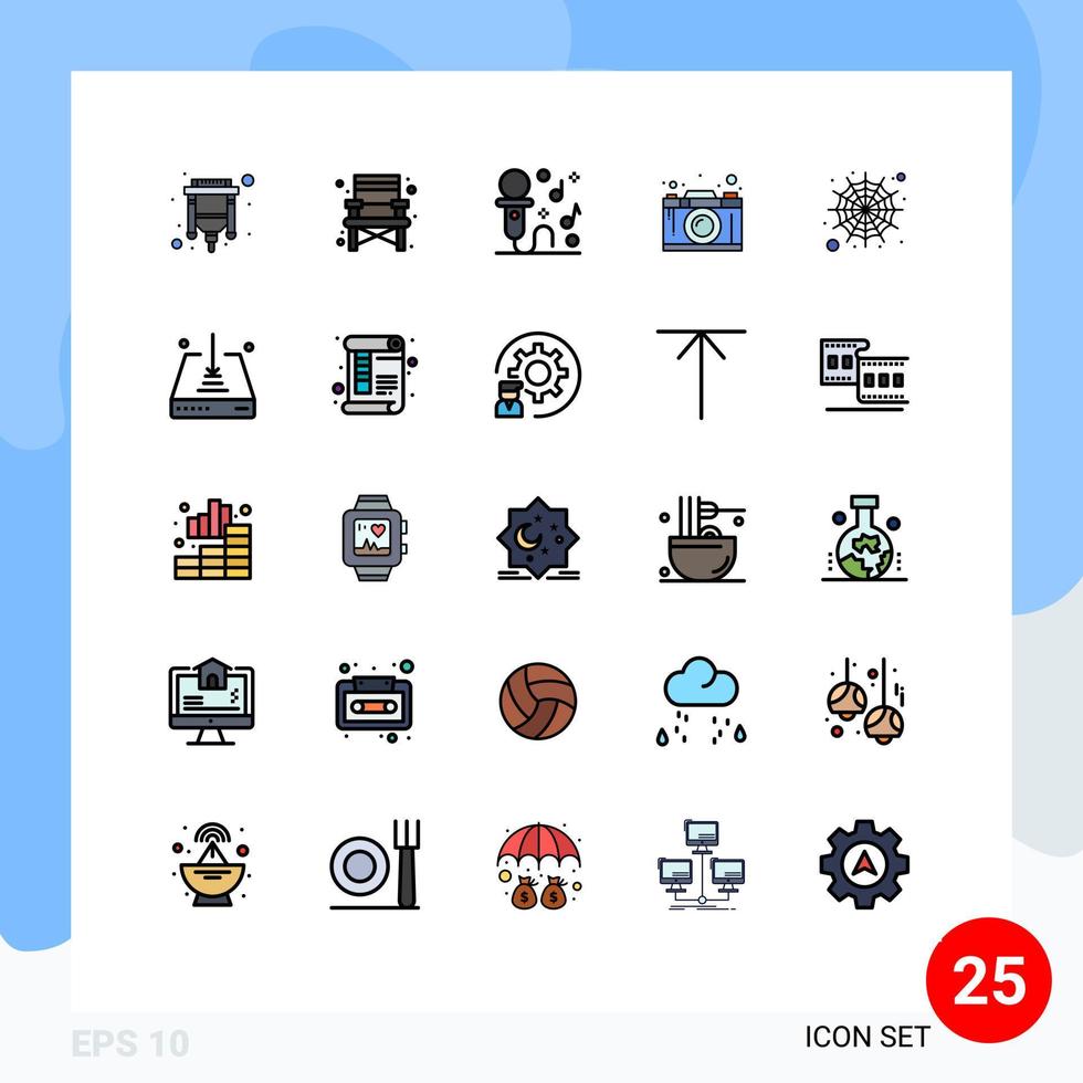 Filled line Flat Color Pack of 25 Universal Symbols of spider thinking microphone graphic creativity Editable Vector Design Elements