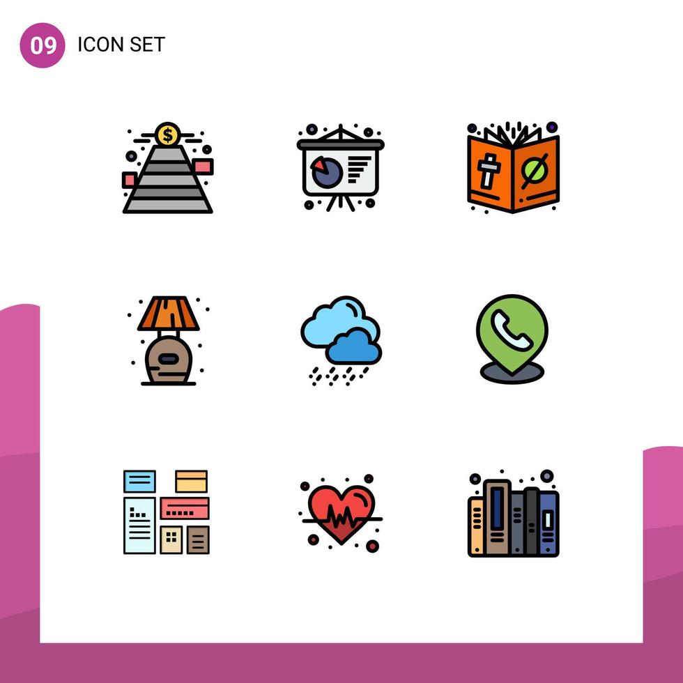 Filledline Flat Color Pack of 9 Universal Symbols of weather lump book stand home Editable Vector Design Elements