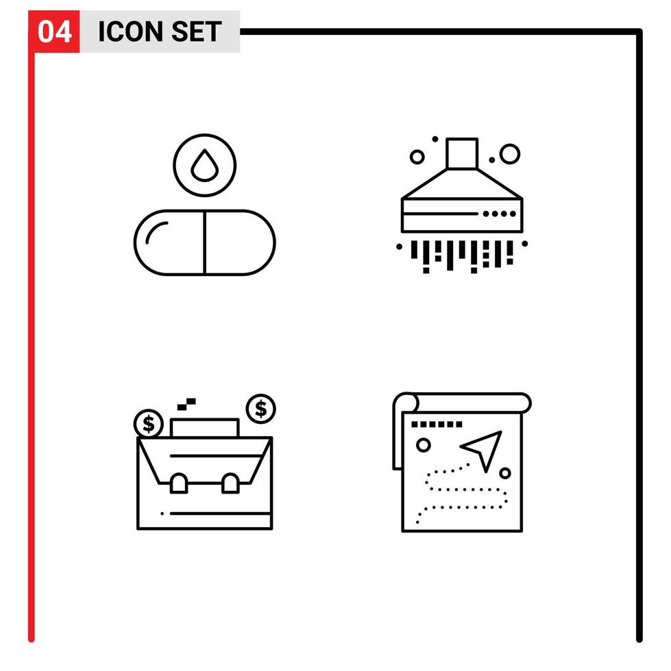 Paquete de 4 líneas de interfaz de usuario de signos y símbolos modernos de pastillas de casos de drogas mapa de cocina elementos de diseño vectorial editables vector