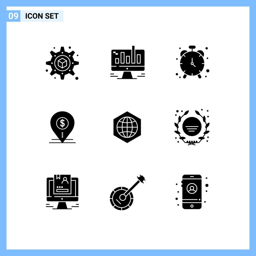 Universal Icon Symbols Group of 9 Modern Solid Glyphs of earth bank clock location pin Editable Vector Design Elements