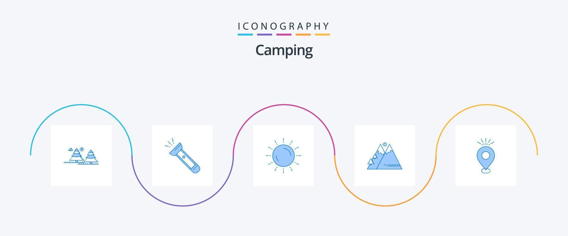 paquete de iconos de camping azul 5 que incluye al aire libre. montañas. cámping. verano. atardecer vector