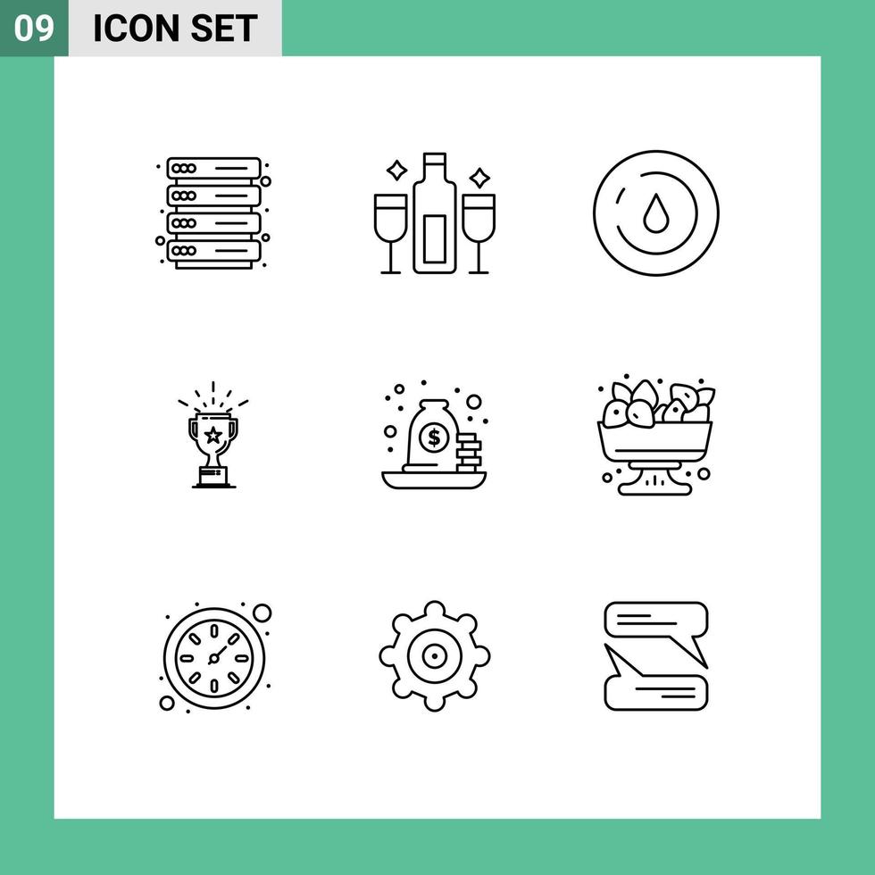 grupo universal de símbolos de iconos de 9 contornos modernos de elementos de diseño de vectores editables de copa de premio de energía de trofeo de hipoteca