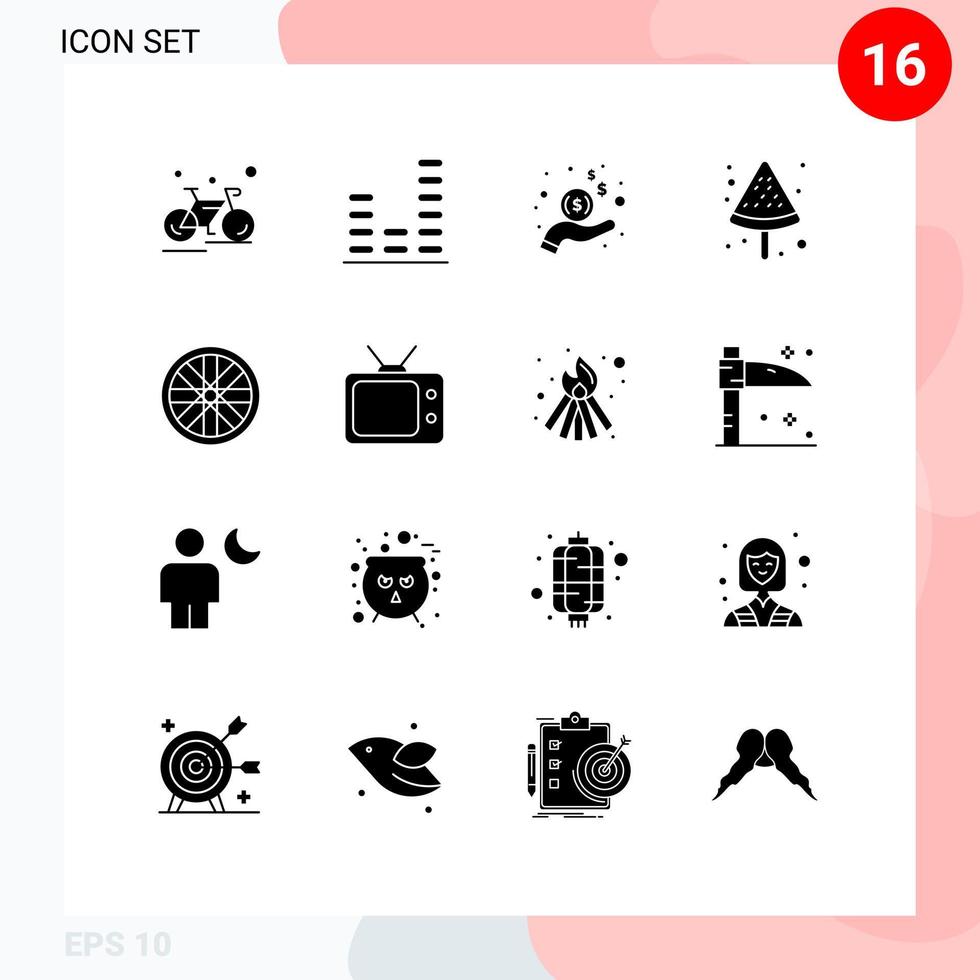 16 Solid Glyph concept for Websites Mobile and Apps wheel summer sound food dollar Editable Vector Design Elements